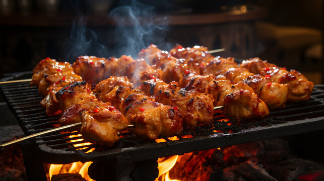 Grilling Chicken Shish Bebab Skewers On The Bbq Grill UHD Wallpaper Stock Photographic Image