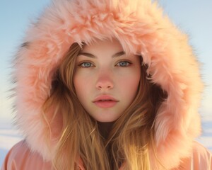 A stunning woman embraces the winter chill with grace, her pink fur hood blending seamlessly with the sky as she exudes a fierce and fashionable aura in her parka and ushanka, standing confidently - Powered by Adobe