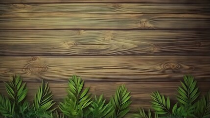  a wooden wall with green plants growing on the side of it.  generative ai