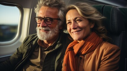 Senior couple on an airplane ready for vacation, beautiful stylish mature caucasian traditional couple enjoying a trip to a vacation in europe, taking a flight on a plane. retirement activity concept