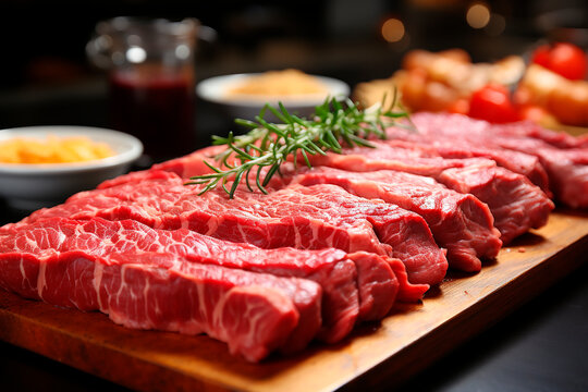Various pieces of fresh raw red meat in the supermarket, beef, pork, assorted meat steaks on a wooden board.