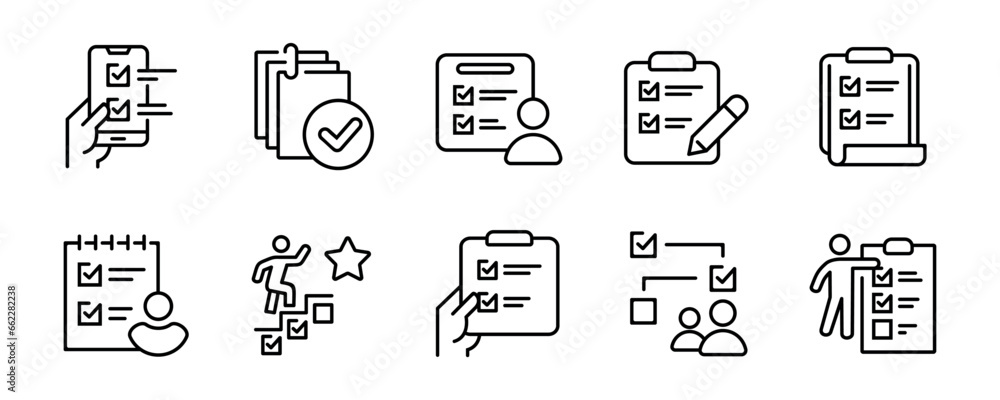 Fototapete clipboard task checklist business checkmark icon set project goal progress management to-do list document outline vector illustration schedule priority design for web and app