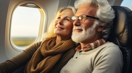 Senior couple on an airplane ready for vacation, beautiful stylish mature caucasian traditional...