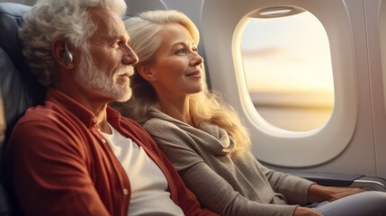 Senior couple on an airplane ready for vacation, beautiful stylish mature caucasian traditional couple enjoying a trip to a vacation in europe, taking a flight on a plane. retirement activity concept