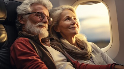 Senior couple on an airplane ready for vacation, beautiful stylish mature caucasian traditional couple enjoying a trip to a vacation in europe, taking a flight on a plane. retirement activity concept