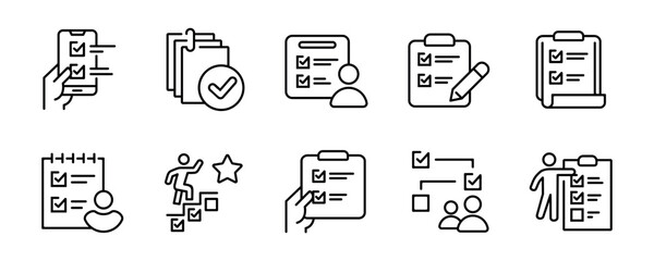 clipboard task checklist business checkmark icon set project goal progress management to-do list document outline vector illustration schedule priority design for web and app