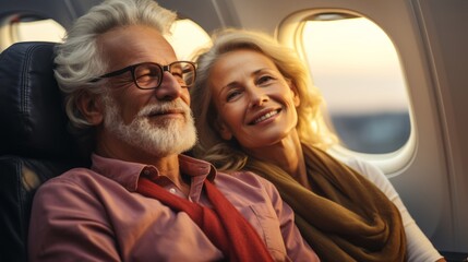 Senior couple on an airplane ready for vacation, beautiful stylish mature caucasian traditional couple enjoying a trip to a vacation in europe, taking a flight on a plane. retirement activity concept