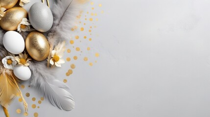  a white and gold background with feathers, flowers and eggs.  generative ai - obrazy, fototapety, plakaty