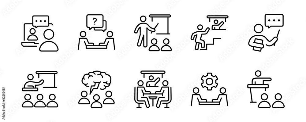 Aufkleber workshop training online course conference icon set human resource seminar coaching skill education 
