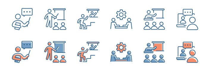 online workshop seminar skill training icon set outline business human resource development course coaching and meeting conference professional education vector collection illustration