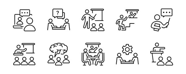 workshop training online course conference icon set human resource seminar coaching skill education outline vector teamwork development symbol illustration for web and app - obrazy, fototapety, plakaty