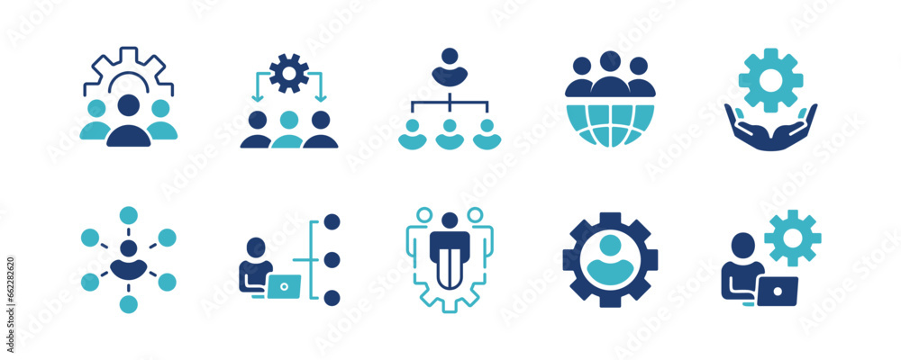 Poster set of human resource organization management with gear setting icon set teamwork structure hierarchy leadership diagram employee network symbol illustration
