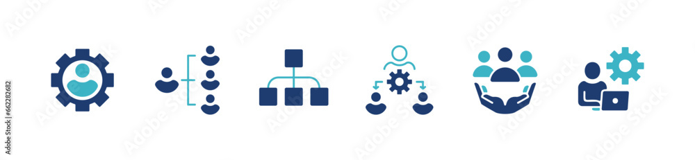 Poster simple organization employment management human resource structure icon vector company hierarchy leadership tree power setting group optimization with cogwheel panel symbol illustration