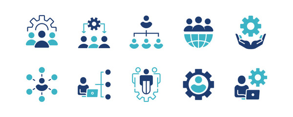 set of human resource organization management with gear setting icon set teamwork structure hierarchy leadership diagram employee network symbol illustration - obrazy, fototapety, plakaty