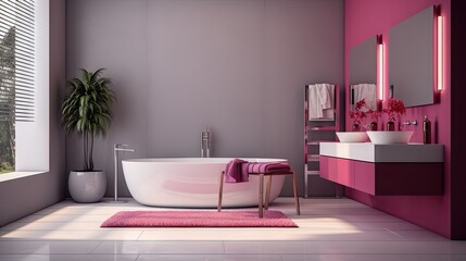  a bathroom with a tub, sink, mirror, and potted plant.  generative ai