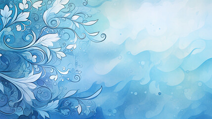 Fototapeta na wymiar a blue background with white swirls and leaves on it. generative ai