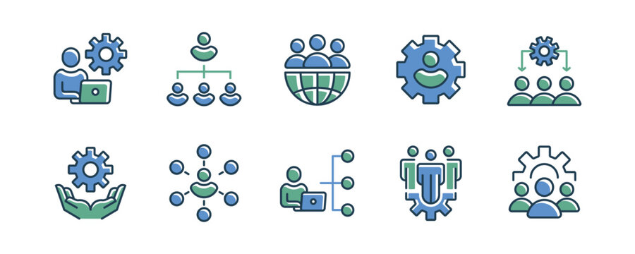 set of human resource strategy structure management setting icon vector business organization hierarchy office partnership and employment diagram gear cogwheel symbol illustration