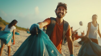 Obraz premium Volunteers collects garbage cleaning on the beach, protecting the planet and ocean pollution, earth day concept.