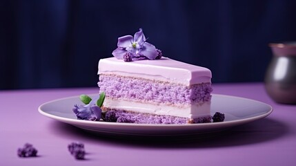 Obraz na płótnie Canvas a piece of cake on a plate with purple flowers on it. generative ai