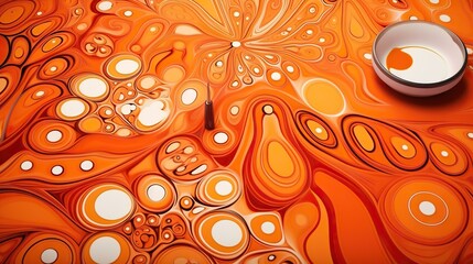  an orange and white painting with circles and a bowl on it.  generative ai
