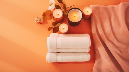  a towel, candles, and flowers on an orange background.  generative ai