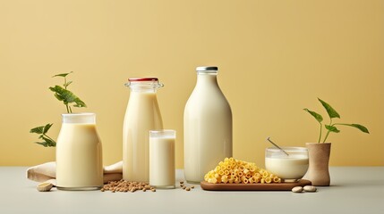 Obraz na płótnie Canvas a variety of milks and milk bottles on a table. generative ai