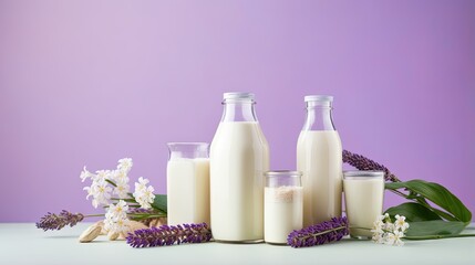 Obraz na płótnie Canvas a group of milk bottles sitting on top of a table. generative ai