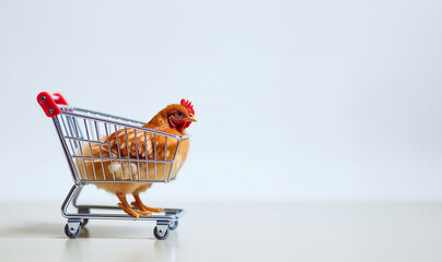 Chicken in shopping cart. Concept for chicken and meat industry. Fresh chicken meat in shopping cart isolated on white background copy space - obrazy, fototapety, plakaty