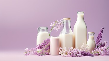  a group of milk bottles with flowers on a purple background.  generative ai