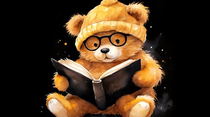  a brown teddy bear wearing a hat and glasses reading a book.  generative ai