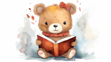  a brown teddy bear sitting on top of a floor reading a book.  generative ai
