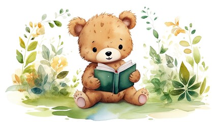  a brown teddy bear sitting on the ground reading a book.  generative ai