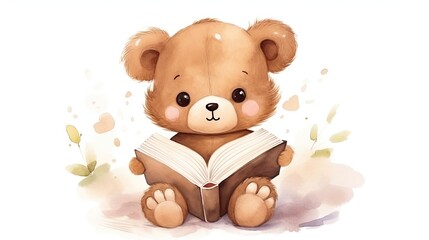  a brown teddy bear sitting on the ground reading a book.  generative ai