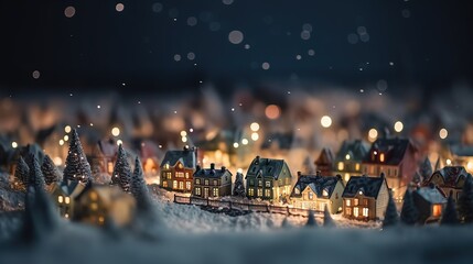 Christmas winter village landscape, bokeh lights and illumination.