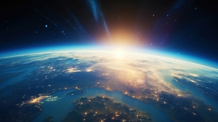 A photorealistic view of the Earth from space with sunlight. Scientific astronomy. Generative AI