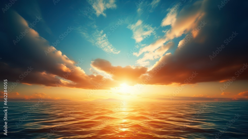 Poster intense sun with lots of long sunrays shining over the ocean created with generative ai