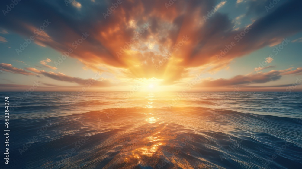 Poster intense sun with lots of long sunrays shining over the ocean created with generative ai