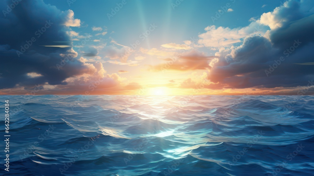 Poster intense sun with lots of long sunrays shining over the ocean created with generative ai