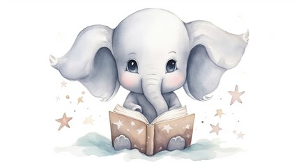  a baby elephant is reading a book with stars around it.  generative ai