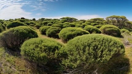Wide-angle perspective of tea tree shrubs.
