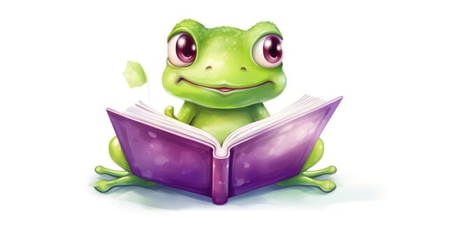  a green frog sitting on top of a purple book with eyes wide open.  generative ai