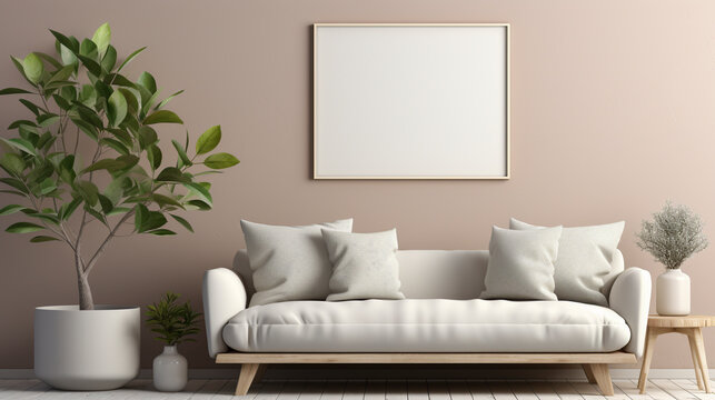 Living room interior with mockup poster frame UHD wallpaper Stock Photographic Image