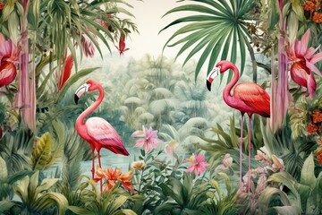 Colorful rainforest wallpaper with trees, palms, birds, and flamingos in a digital watercolor style. Generative AI