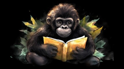  a monkey is reading a book while sitting on the ground.  generative ai