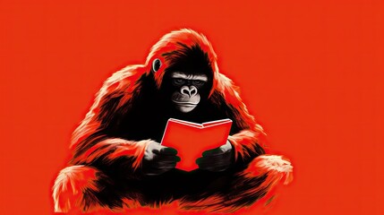  a gorilla is reading a book while sitting on a chair.  generative ai
