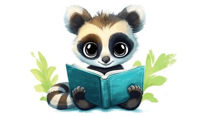  a cute little racoon reading a book while sitting down.  generative ai