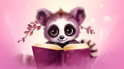  a panda bear is reading a book with a pink background.  generative ai
