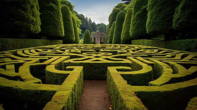 Wide angle of a garden featuring a hedge maze.