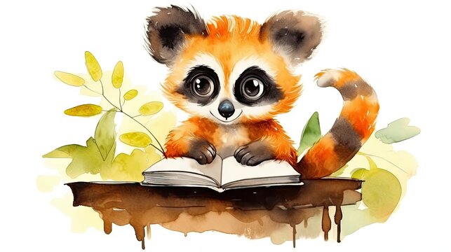  a painting of a little racoon reading a book.  generative ai