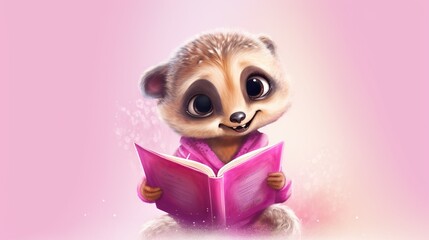  a small animal is reading a book on a pink background.  generative ai